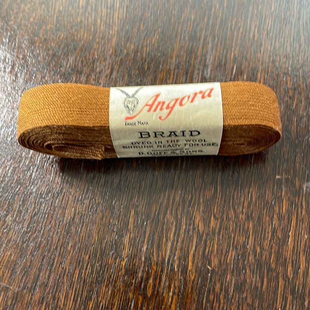 Antique ca Victorian Angora/Goff's brown wool skirt braid, 5 yds in wrapper